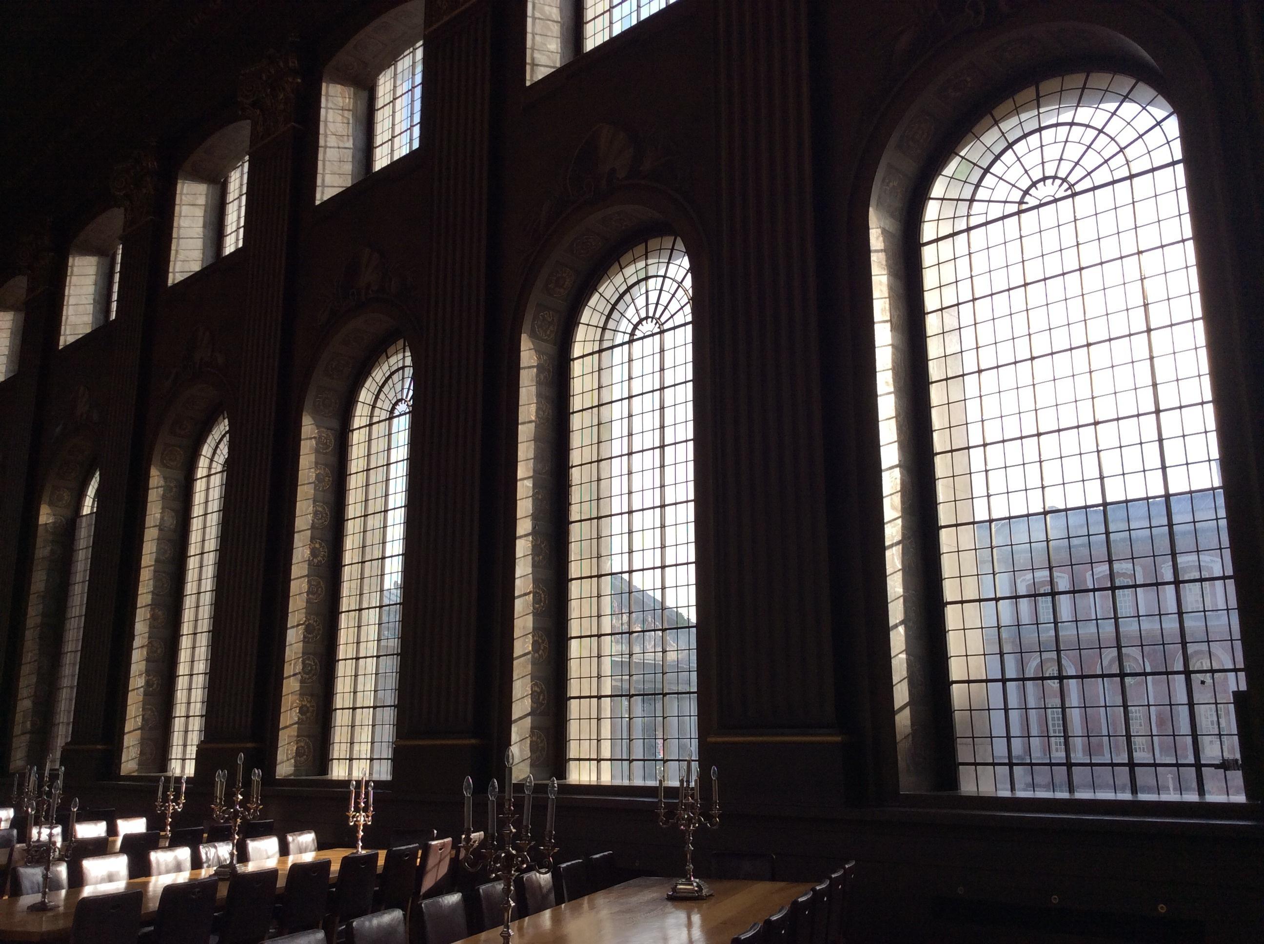 Large university dining hall with tall windows